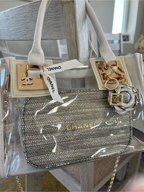 Custom Upcycled Chanel Beauté Clear Bag w Authentic Charms, Ribbon & Makeup Bag